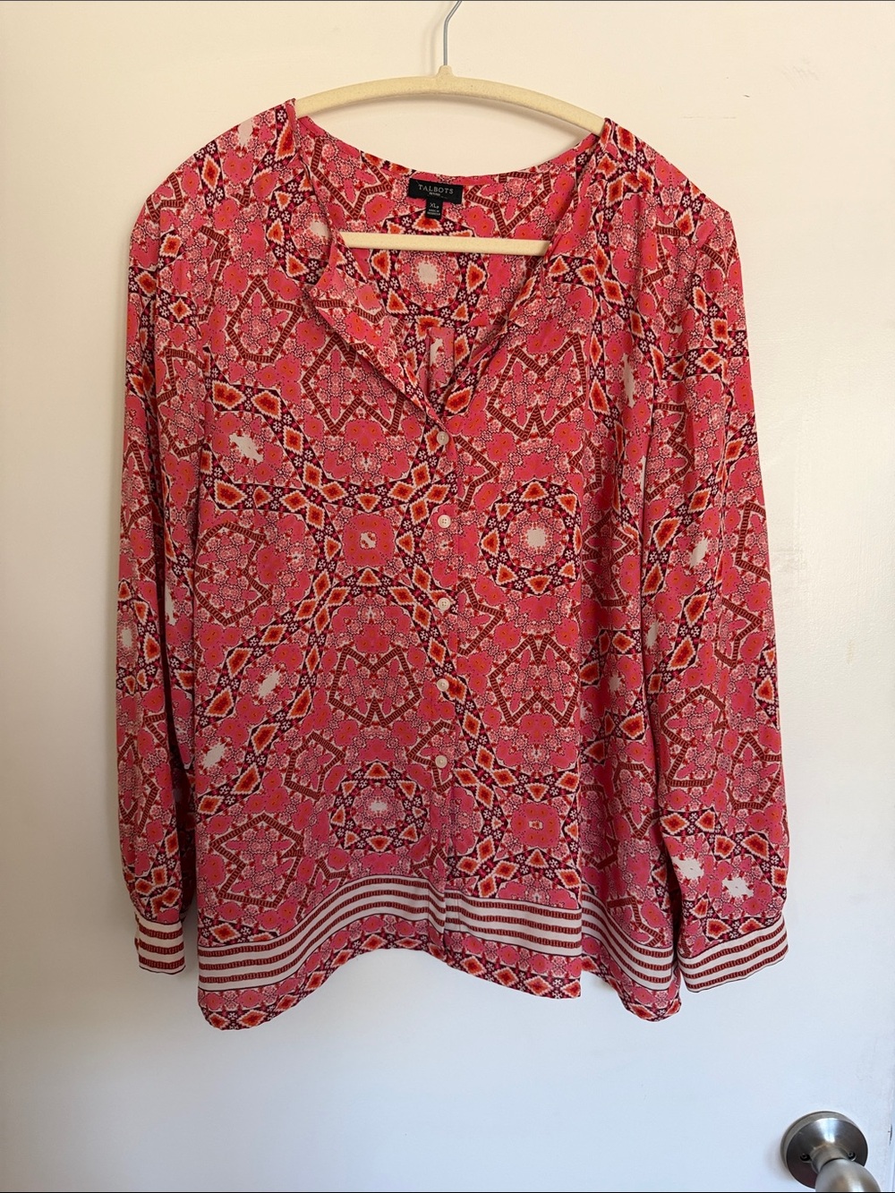 Talbots Coral-Pink Geometric Long-Sleeve V-Neck Blouse XLP